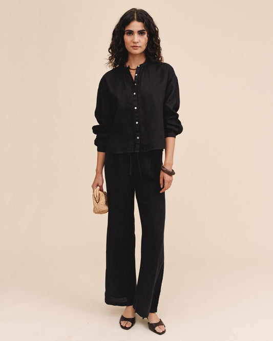 Bella Dahl Mandarin Collar Trimmed Button Down - Black