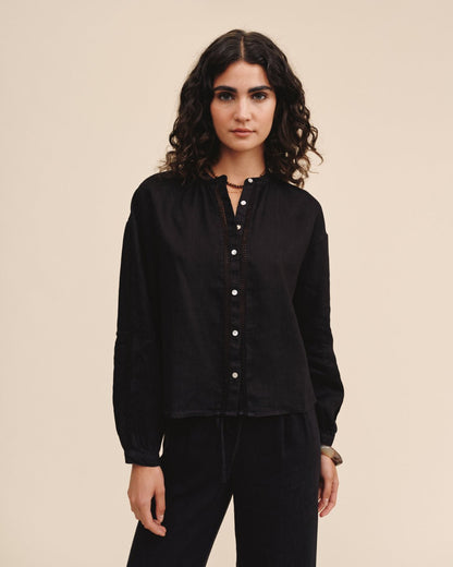 Bella Dahl Mandarin Collar Trimmed Button Down - Black
