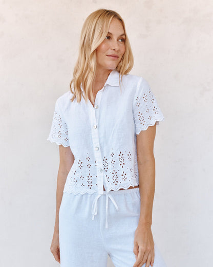 Bella Dahl Short Sleeve Embroidered Button Down - White