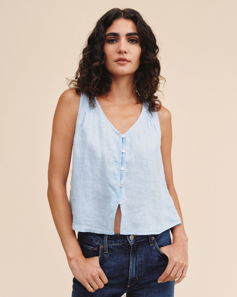 Bella Dahl Sleeveless Pintuck V Neck Top - Blue Bell