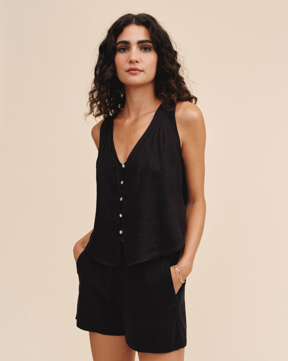 Bella Dahl Sleeveless Pintuck V Neck Top - Black