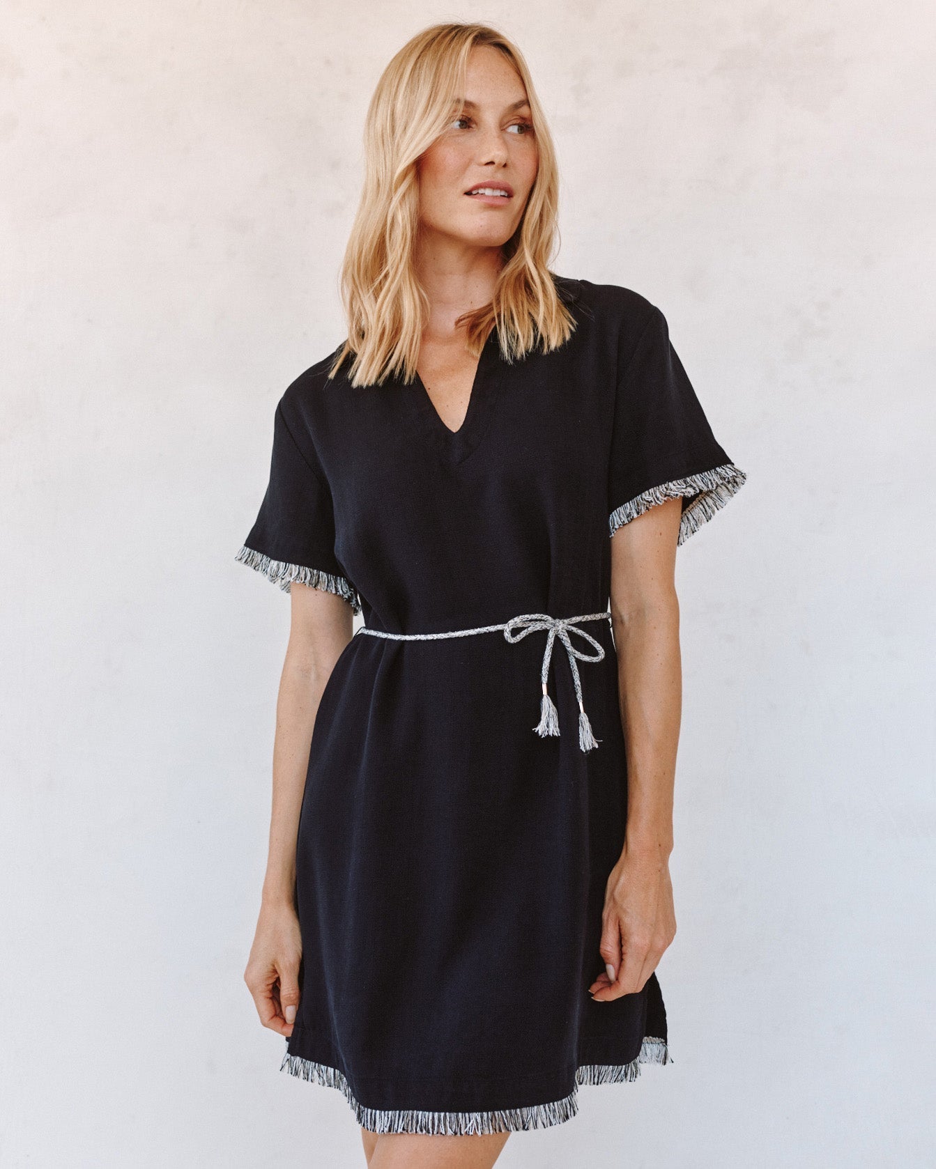 Bella Dahl Short Sleeve Fray Edge Mini Dress - Black