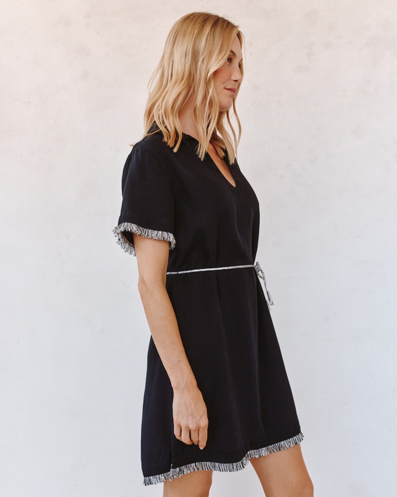 Bella Dahl Short Sleeve Fray Edge Mini Dress - Black