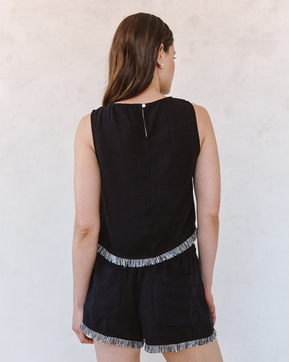 Bella Dahl Sleeveless Fray Trim Tank - Black