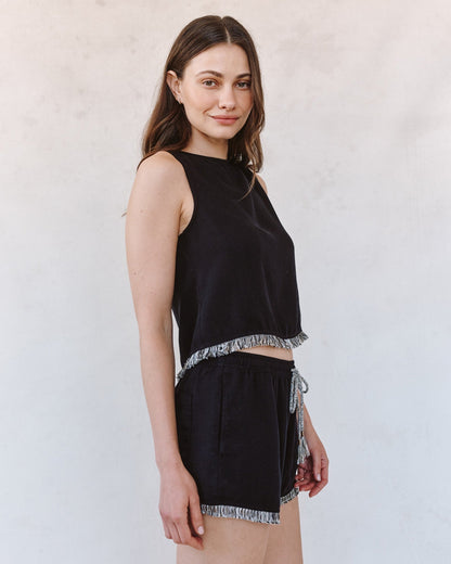 Bella Dahl Sleeveless Fray Trim Tank - Black
