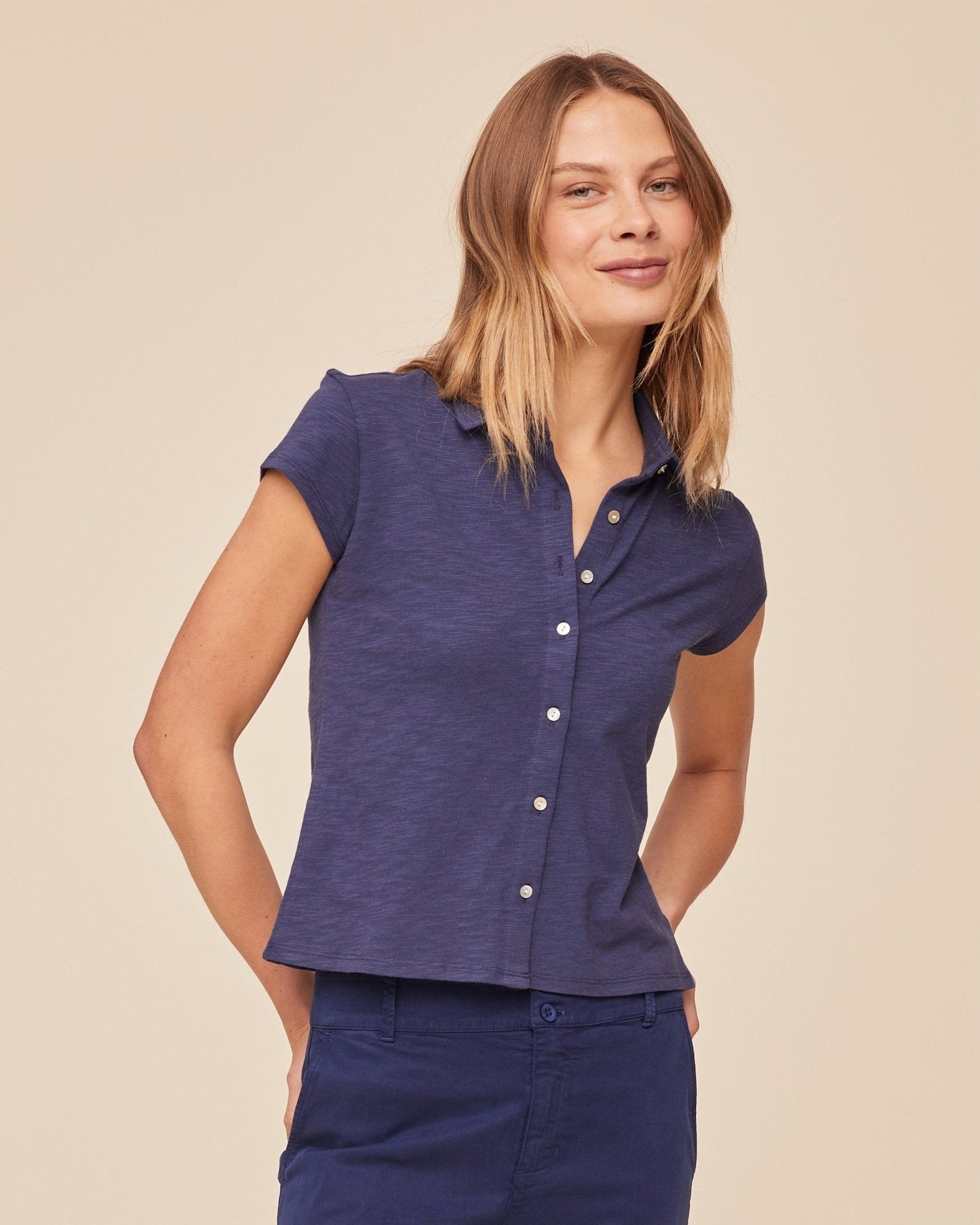 Bella Dahl Cap Sleeve Button Down - Midnight Surf