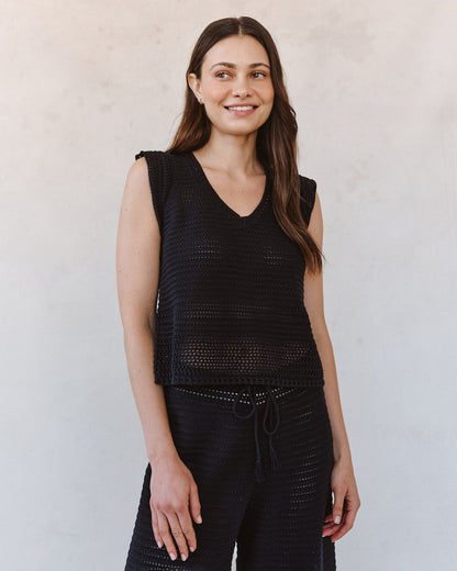 Bella Dahl Short Sleeve V-Neck Crochet Top - Black