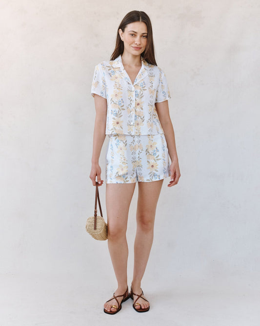 Bella Dahl Short Sleeve Knotch Collar Shirt - Wildflower Stripes Print