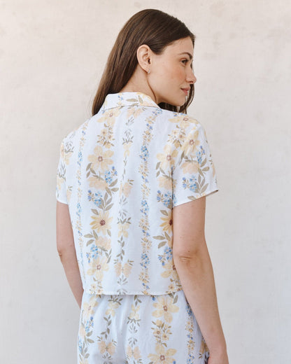 Bella Dahl Short Sleeve Knotch Collar Shirt - Wildflower Stripes Print