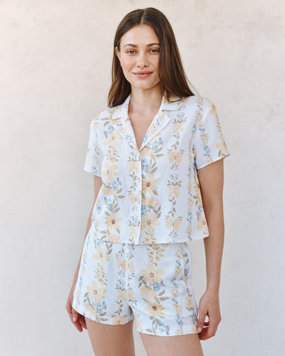 Bella Dahl Short Sleeve Knotch Collar Shirt - Wildflower Stripes Print