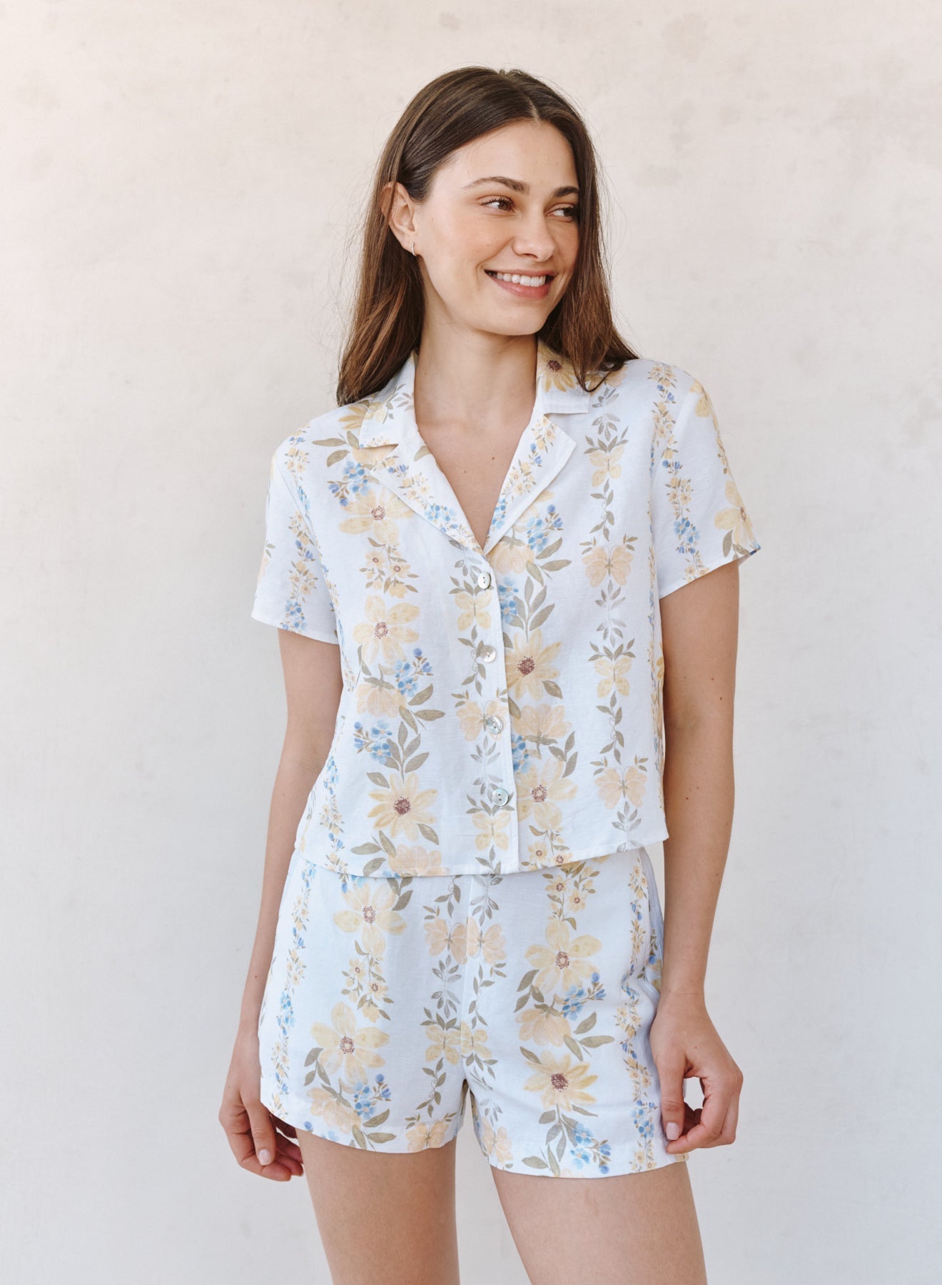 Bella Dahl Short Sleeve Knotch Collar Shirt - Wildflower Stripes Print