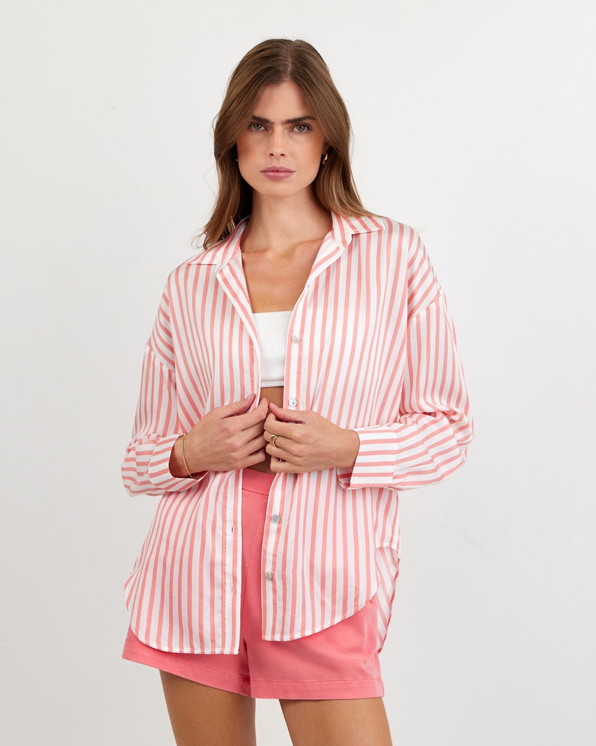 Bella Dahl Oversized Button Down - Wild Coral Stripe