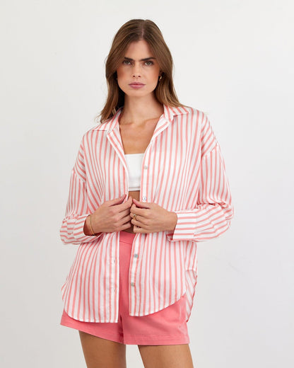 Bella Dahl Oversized Button Down - Wild Coral Stripe