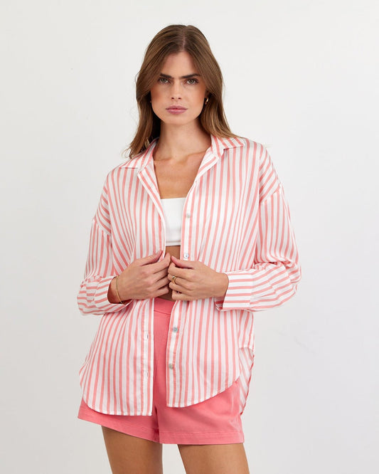 Bella Dahl Oversized Button Down - Wild Coral Stripe