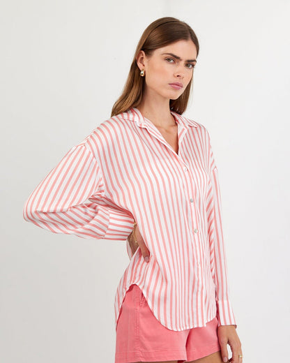 Bella Dahl Oversized Button Down - Wild Coral Stripe
