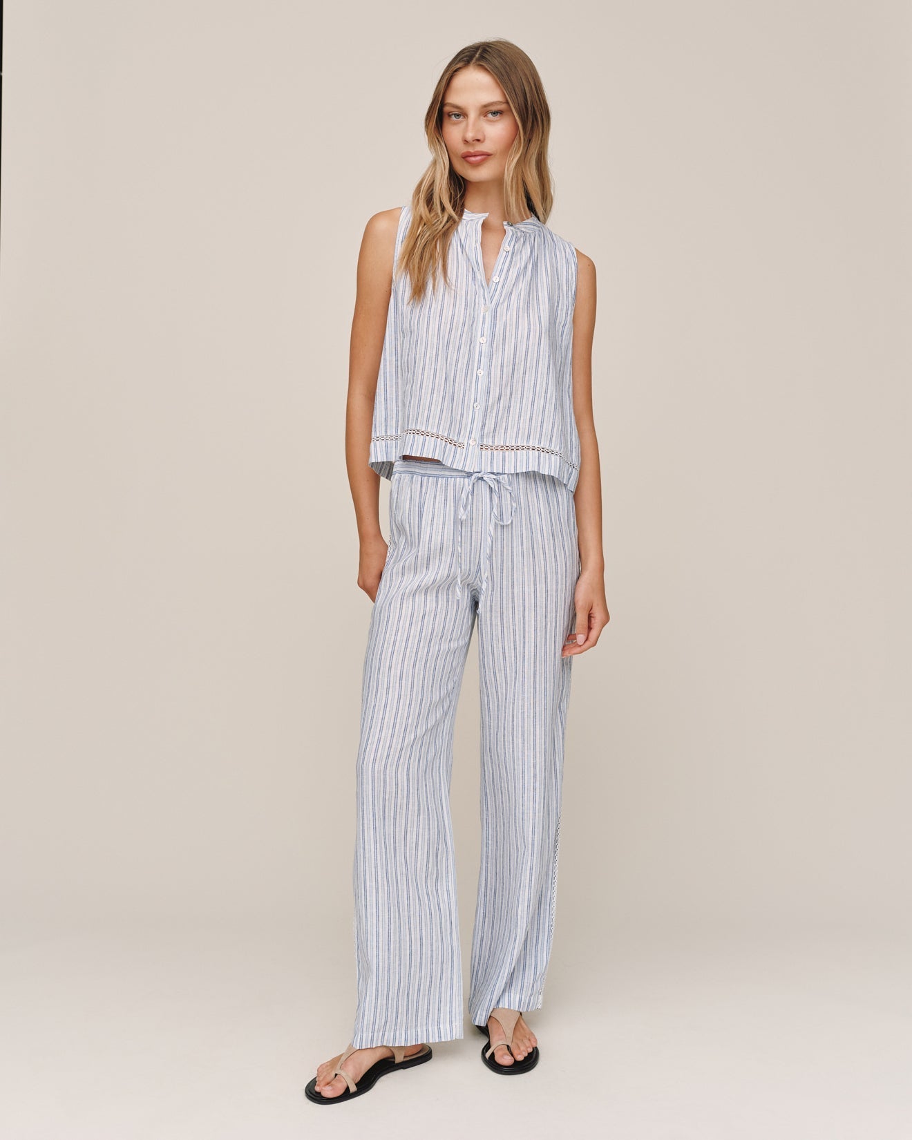 Bella Dahl Lattice Side Stripe Drawstring Pant - Ocean Blue Stripe