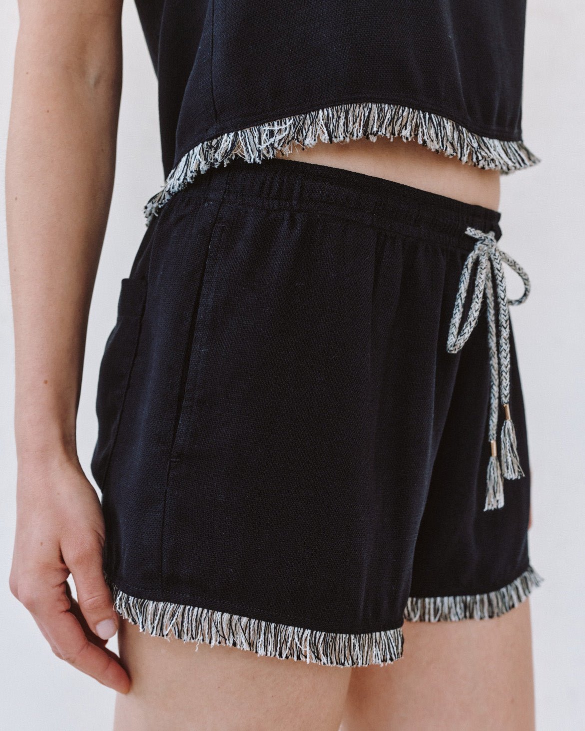 Bella Dahl Elastic Waist Fringe Short - Black