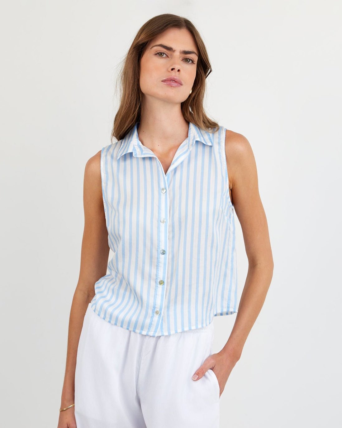 Bella Dahl Clean Sleeveless Button Down - Tidal Blue Stripe