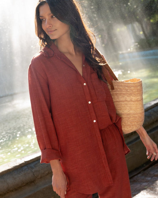Bella Dahl Long Sleeve Pocket Button Down Tunic - Red Sand