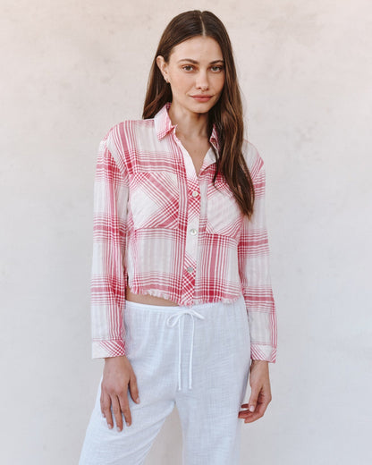 Bella Dahl Two Pocket Fray Hem Crop Shirt - Pink Sunset Shadow Plaid