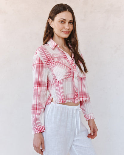 Bella Dahl Two Pocket Fray Hem Crop Shirt - Pink Sunset Shadow Plaid