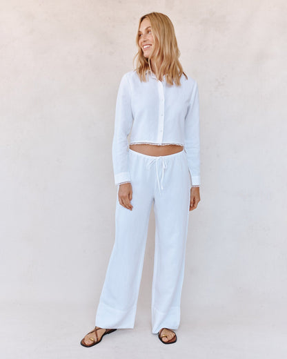Bella Dahl Long Sleeve Cropped Shirt With Trim - White