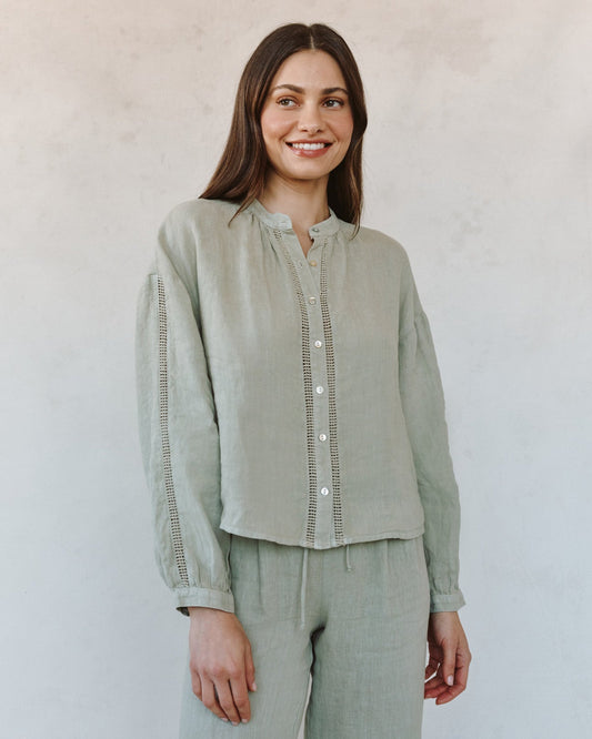 Bella Dahl Mandarin Collar Trimmed Button Down - Green Tea