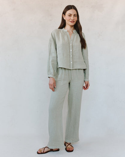 Bella Dahl Mandarin Collar Trimmed Button Down - Green Tea