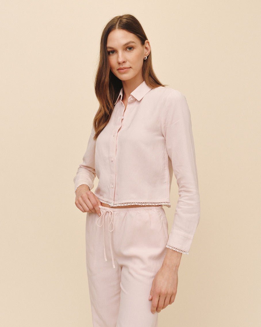 Bella Dahl Long Sleeve Cropped Shirt With Trim - Ballet Pink
