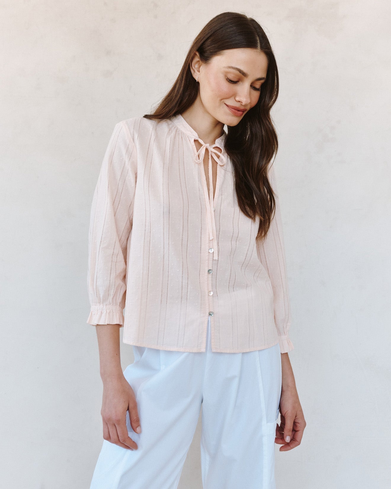 Bella Dahl 3/4 Sleeve Tie Neck Blouse - Pink Opal