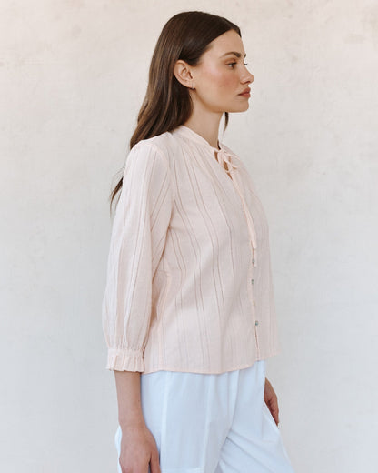 Bella Dahl 3/4 Sleeve Tie Neck Blouse - Pink Opal