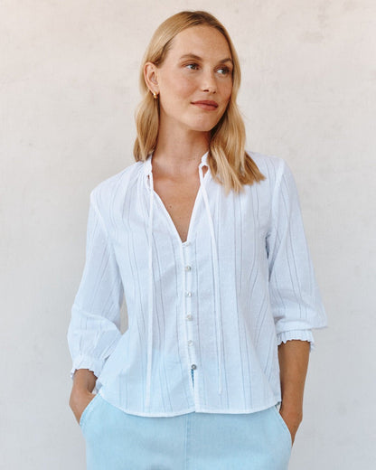 Bella Dahl 3/4 Sleeve Tie Neck Blouse - White