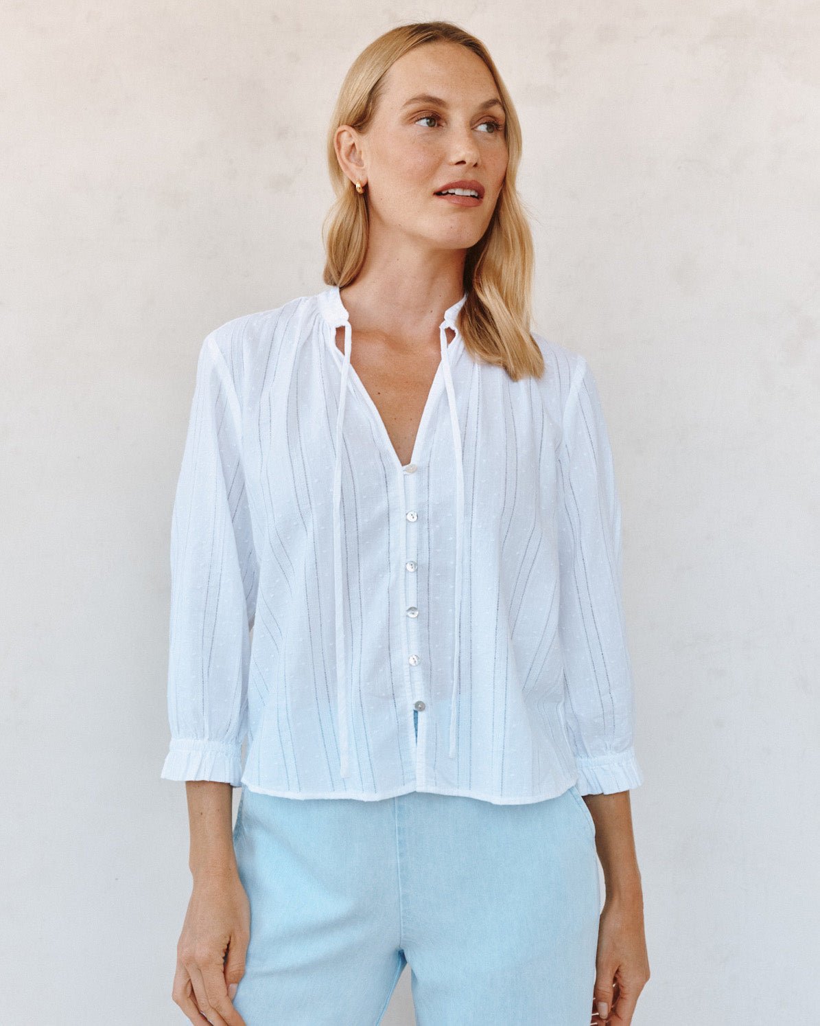 Bella Dahl 3/4 Sleeve Tie Neck Blouse - White