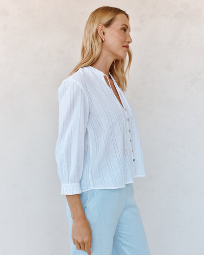Bella Dahl 3/4 Sleeve Tie Neck Blouse - White