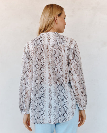Bella Dahl Shirred Mandarin Collar Shirt - Blush Snake Print
