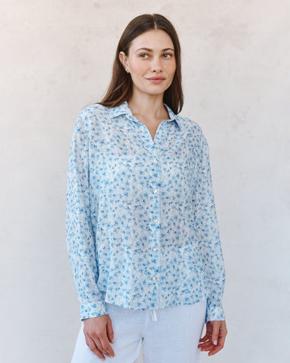Bella Dahl Classic Button Down Shirt - Blue Ditsy Floral Print