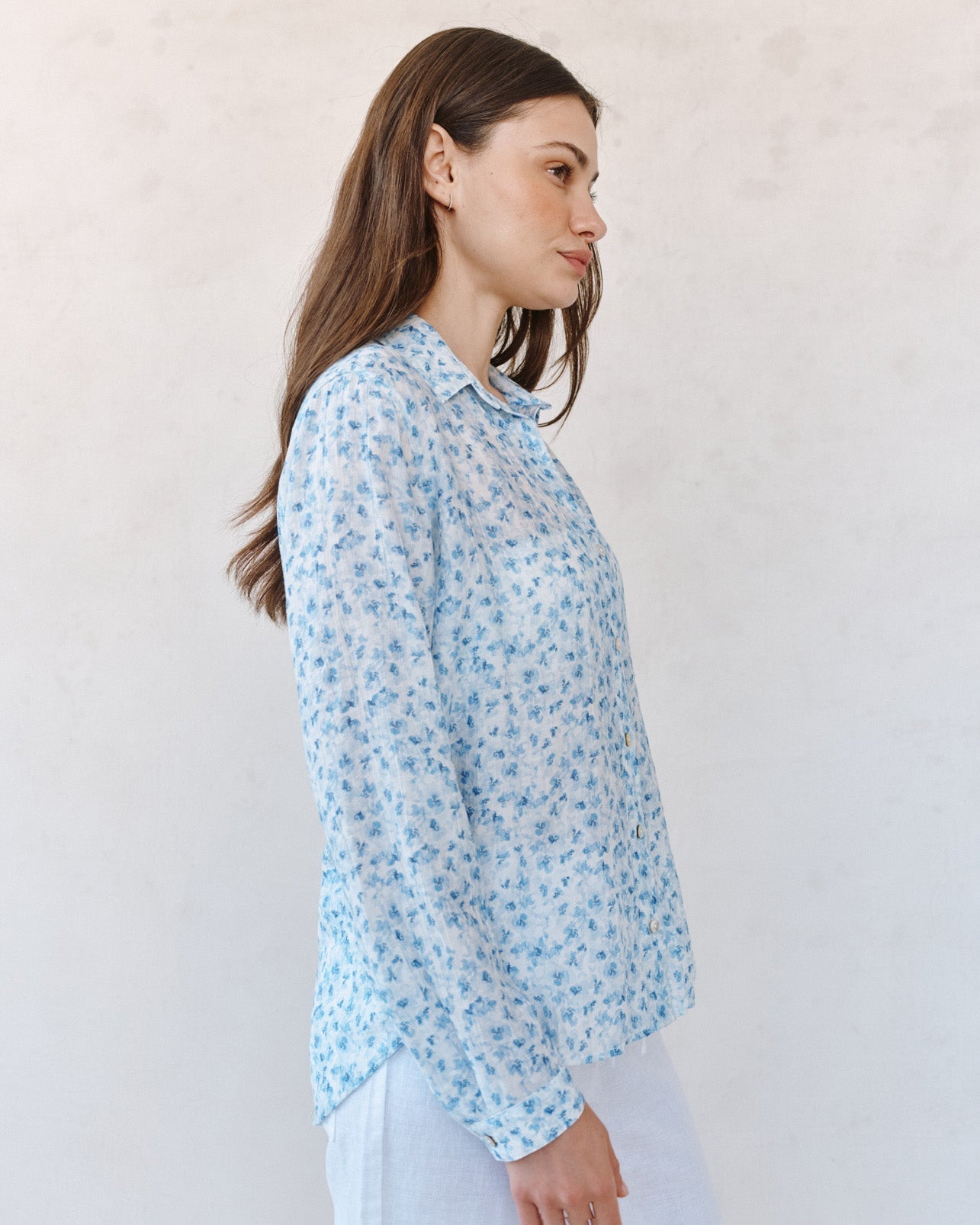 Bella Dahl Classic Button Down Shirt - Blue Ditsy Floral Print