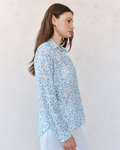 Bella Dahl Classic Button Down Shirt - Blue Ditsy Floral Print