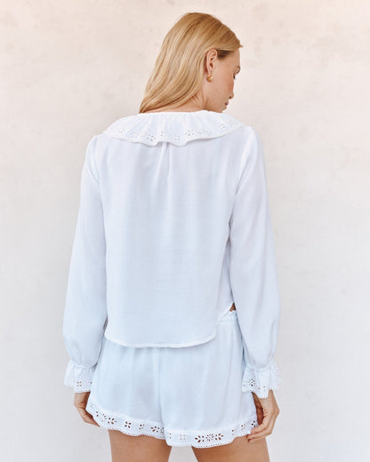 Bella Dahl Long Sleeve Tie Neck Ruffle Top - White
