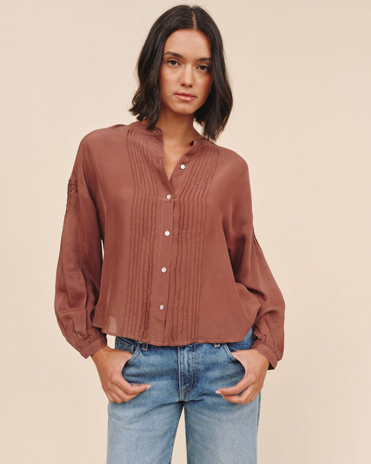 Bella Dahl Long Sleeve Drop Shoulder Pintuck Shirt - Mocha Cloud