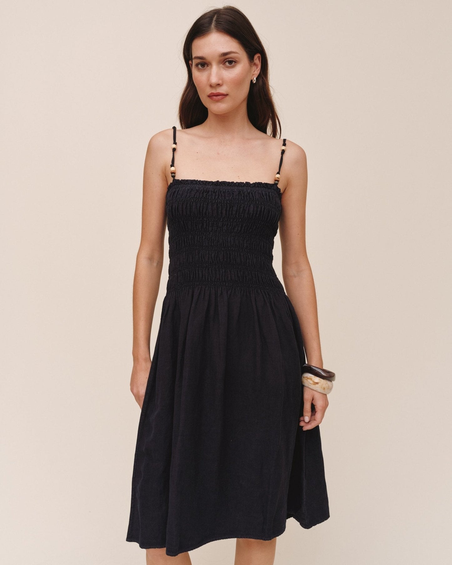 Bella Dahl Smocked Dress With Beaded Straps - Black