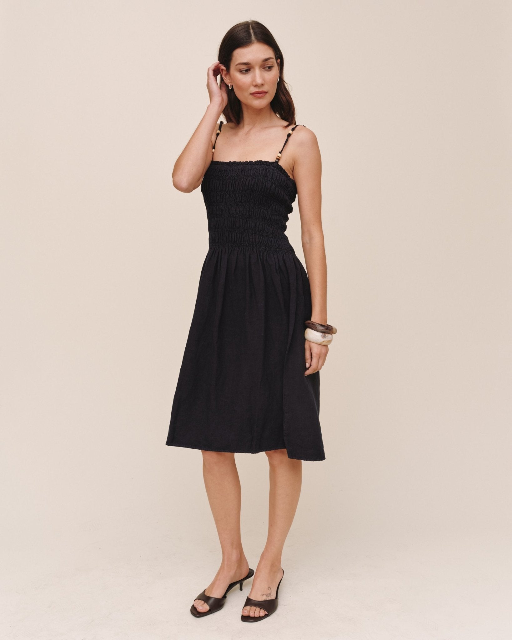 Bella Dahl Smocked Dress With Beaded Straps - Black