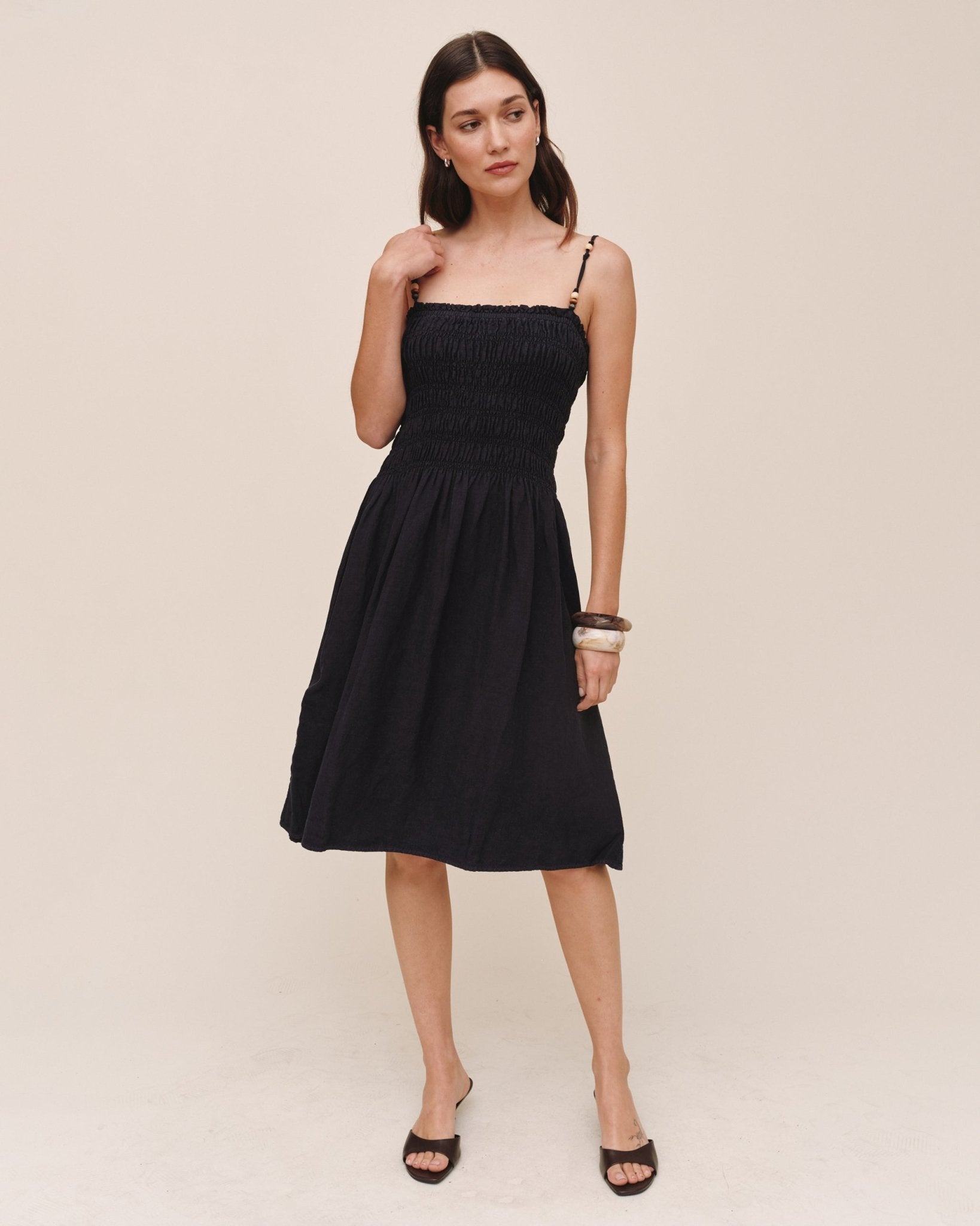 Bella Dahl Smocked Dress With Beaded Straps - Black