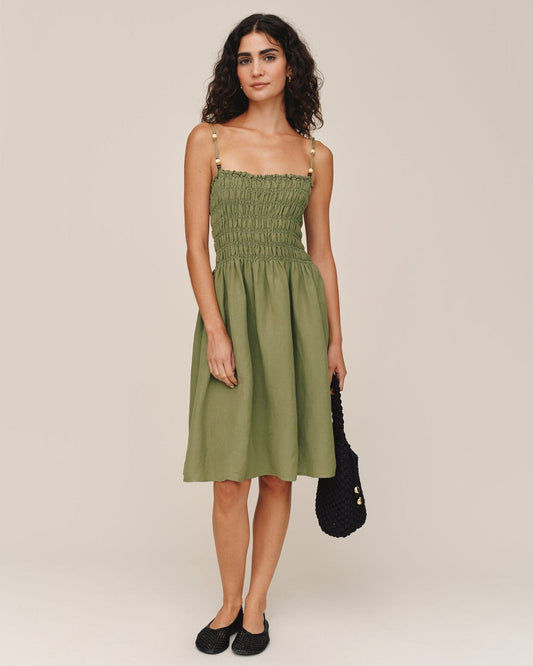 Bella Dahl Smocked Dress With Beaded Straps - Olive Leaf