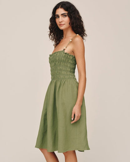 Bella Dahl Smocked Dress With Beaded Straps - Olive Leaf
