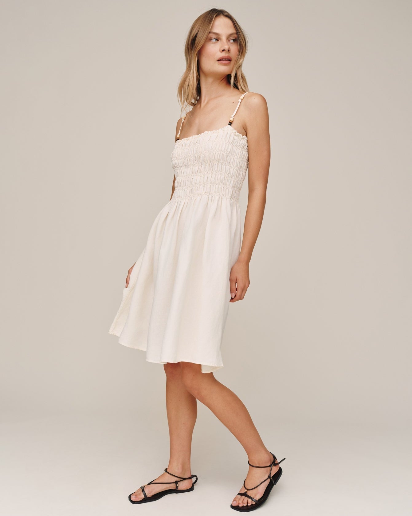 Bella Dahl Smocked Dress With Beaded Straps - Sand Stone