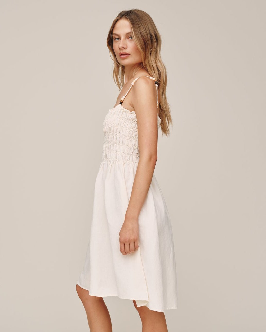 Bella Dahl Smocked Dress With Beaded Straps - Sand Stone